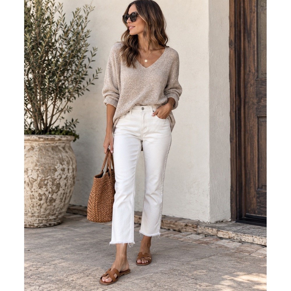 Eileen Fisher Jeans Raw Hem Organic Cotton Off White Ankle Crop Denim Size 10